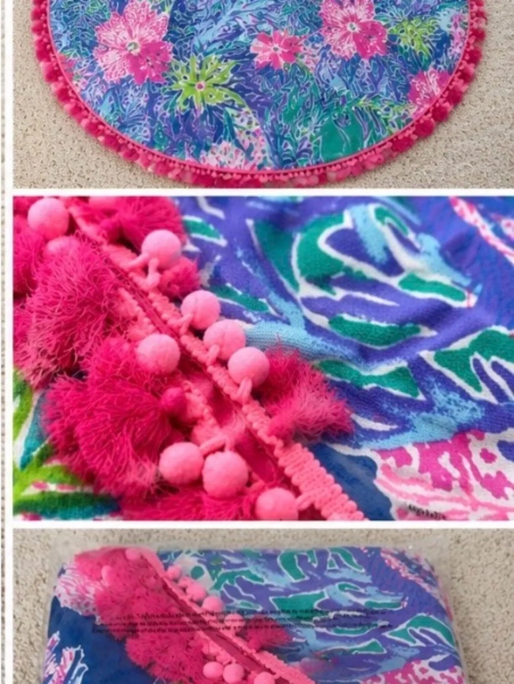 Lilly Pulitzer Multicolor Tropical Kids Beach Mat with Hot Pink Pom Trim